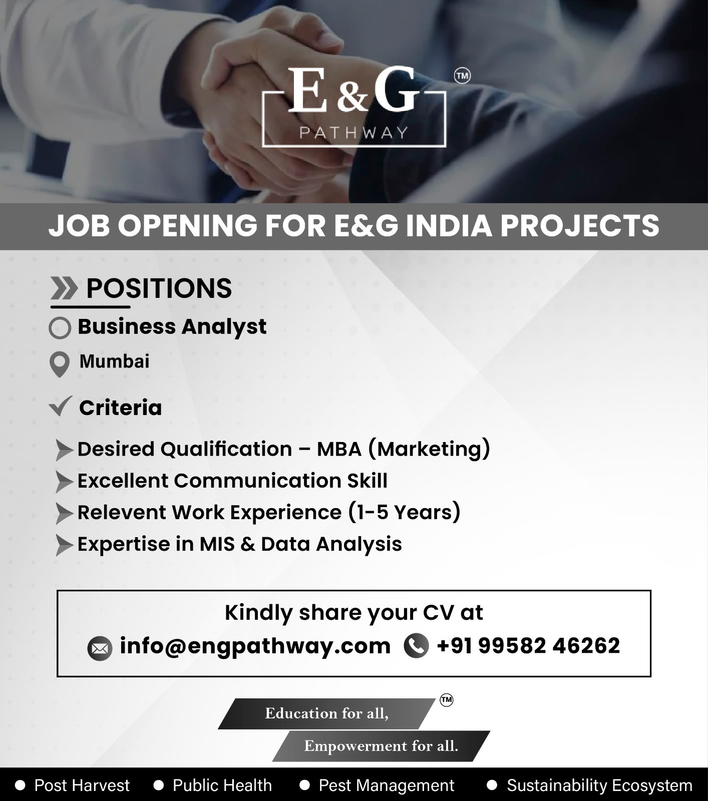 We’re Hiring | Business Analyst – Mumbai (E&G Pathway India Project)